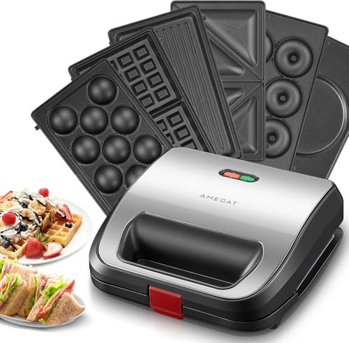 6 in 1 Waffeleisen, Waffle Maker, Multifunktional Sandwichmaker, Kontaktgrill, Panini, süße Küchlein, Antihaftbeschichtete Platten, Doppelseitiges Backen, Automatische Temperaturregelung, 750W
