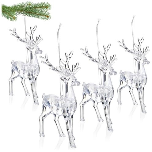 com-four® 4X Christbaumhänger aus Acryl - Rentier-Weihnachtsaufhänger für den Weihnachtsbaum, Fenster und Türen - Christbaumschmuck und Festliche Deko zum Anhängen (transparent - Rentier)