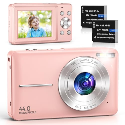 Digital Camera FHD 1080P 44MP Compact Digital Camera 2.4 LCD Compact Camera with 16X Digital Zoom, 2 Batteries for Kids Beginner Teenagers Pink