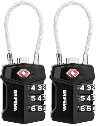 GRIFEMA [2-pack] TSA-bagagelås, säkerhetslås med kod 3 siffror och anti-klippkabel, perfekt för gym och resor (GA1006-2)