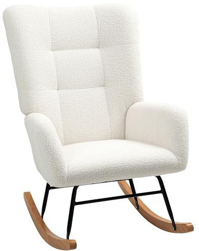 HOMCOM Schaukelstuhl, Schaukelsessel mit Armlehne, Teddysamt-Optik, Relaxsessel mit Holzkufen, Schwingsessel Stillsessel für Schlafzimmer, Wohnzimmer, Cremeweiß