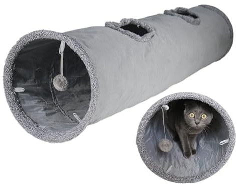 ZYYRSS Collapsible Cat Tunnel Toy, 30x130cm Cat Play Tunnel, Cat Plush Collapsible Tunnel with 2 Holes and Suspended Ball Cat Toy for Indoor Kittens, Puppies, Bunnies, Rabbits and Small Dogs (Gray)