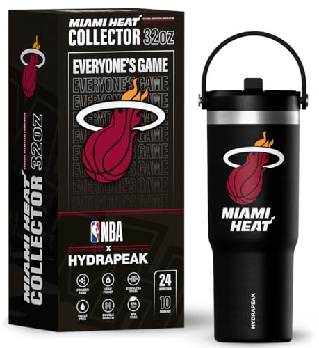 Hydrapeak NBA Officially Licensed Miami Heat Nomad 32oz Insulated Stainless Steel Leakproof Water Bottle with Flexible Grip Handle & Straw Lid, Limited Edition Collector Gift Box