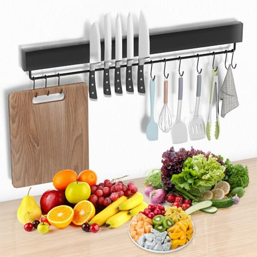 iHomara Magnetleiste Messer, 43cm Messerhalter Magnetisch mit 10 Haken, Magnet Messerhalter aus Edelstahl, inklusive Band und Schrauben, Für Küchenmesser, Utensilien und Metallwerkzeuge