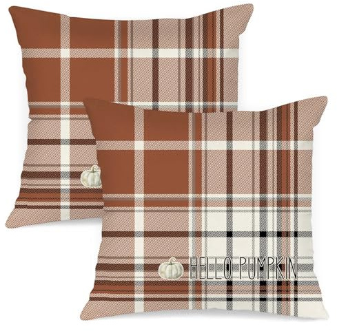 Benjia Lot de 2 pièces Housse de Coussin Déco Automne 45x45 cm, Aquarelle noire, brun et blanc à carreaux Taie d'oreiller Vacances décoratives 45 x 45 cm Couvoirs de coussin Home Decor Taie d'oreiller