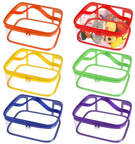 6 Pcs Clear PVC Toy Storage Bags with Handles 9.1x6.7x3.9 Inch Travel Toiletry Bags Waterproof Toy Storage Organizer Pouch with Zipper for Building Blocks Puzzle (Multicolor)
