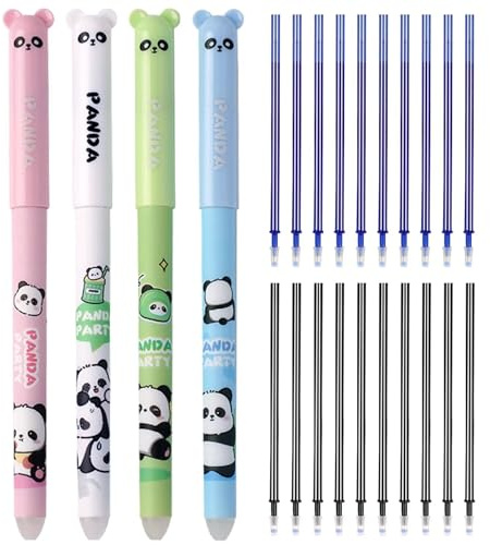 WOLMIK Erasable Pens- 4pcs Eraser Pen Rub Out Pen with 20pcs Refills, 0.5mm Erasable Gel Pens with Rubbers on the End, for Student, School, Office, Work, Paperwork, Stationery Supplies