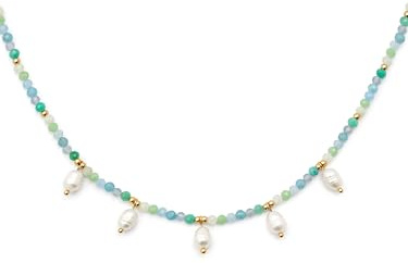SINGULARU - Collar Crystal Blue Pearls. Acero con Baño en Oro de 18 Kt y Cristal, Perla Cultivada, Piedra Natural. Joyas Para Mujer.