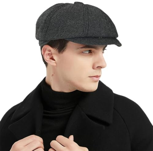 Charmylo Herren Tweed Schiebermütze 8-Panel Gatsby Flat Cap Fischgrätmuster