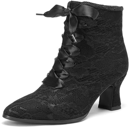 ErikenUrben Women Black Victorian Lace-Up Ankle Boots Vintage Gothic Costume Booties with Ribbon Laces Pointed Toe 2.5 Kitten Heel with Side Zip Size 39