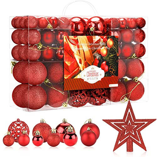Aitsite 101 Stück Christbaumkugeln Rot Weihnachtskugeln 6CM/4 cm/2 cm Kunststoff Christbaumschmuck Wandbehang Ornamente Weihnachtsbaum Kugeln Flitter Tür Dekorationen Festival Dekore