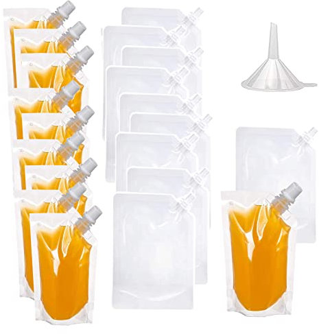 Trinkbeutel Set kunststoff-Trinkflaschen - 20 Stücke Saft Trinkbeutel, Transparenter Getränkebeutel aus Kunststoff mit 1 Stück Trichter für Wein, Camping, Reisen, Festivals, Partys (250 ml)