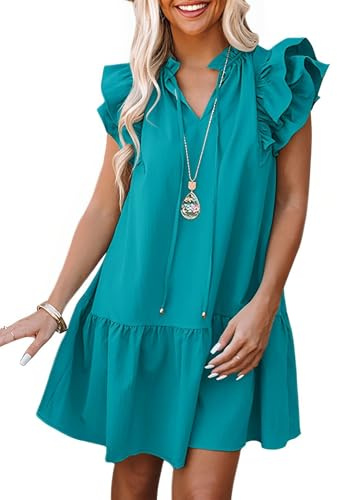 Dokotoo Summer Dresses for Women Sun Dresses 2025 Elegant V Neck Drawstring Ruffle Solid Pockets Cap Short Sleeve Casual Dresses for Women Green Large