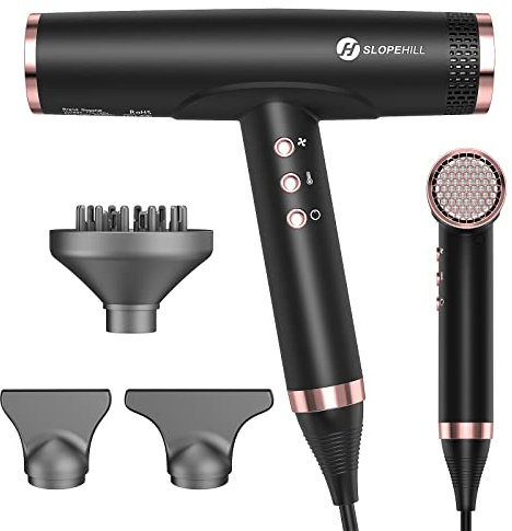 Slopehill Ionen Haartrockner, 110,000RPM für Schnelles Trocknen, Magnetischer Diffusor/Wenig Lärm/Biokeramische Technologie/ 320g Ultraleicht, für Zuhause, Reisen, Salon 2000W (Schwarz)