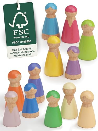 Merle Toys® 12 Bonhomme en Bois 100 % FSC – Jouet Montessori dès 2 Ans – Petit Personnage en Bois idéals pour Constellation Familiale, Jeux de Rôle – Figurine Arc-en-Ciel en 2 Tailles