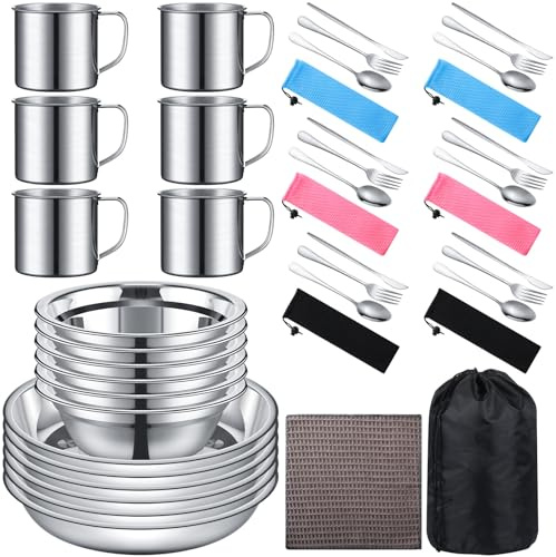 Lallisa 44 Pcs Outdoor Camping Cookware Mess Kit Polished Stainless Steel Dishes Camping Utensils Portable Tableware with Plates Cups Spoons Forks Knives Mesh Bag for Backpacking Hiking