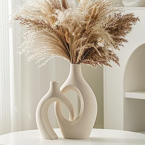Lvases Snuggle Hollow Ceramic Vase Set of 2, Boho ins Style Round Nordic Mid Century Modern Aesthetic Decorative Vase for Home Decor (Cream W 6.8 X H 11)