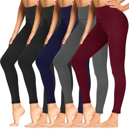 Sundwudu 5er-Pack Leggings mit Taschen für Damen, Bauchkontrolle, hohe Taille, weich, schwarz, Workout-Yogahose, 9 - Schwarz x 2 + Grau + Marineblau + Weinrot, Large-X-Large