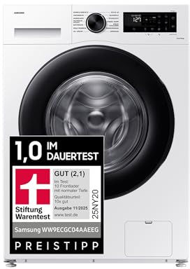 Samsung Waschmaschine, 9 kg, 1.400 U/min, EEK: A, Mikroplastik-Programm, Ecobubble, 14 Programme, WiFi SmartControl, Weiß/Schwarz, WW9ECGC04AAEEG