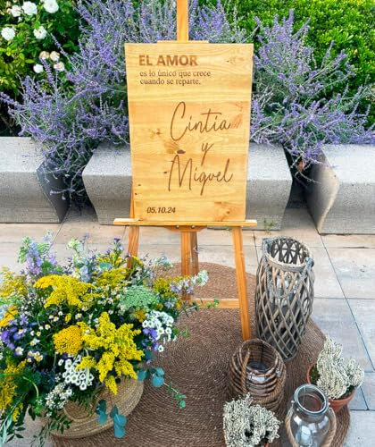 Cartel de Boda Personalizado en Madera Maciza de Pino, Carteles Bienvenida para Bodas Rústicas, Bodas al Aire Libre, Cartel de Madera Para Boda, Comunión, Bautizo, Eventos, Medidas 60 x 40 cm
