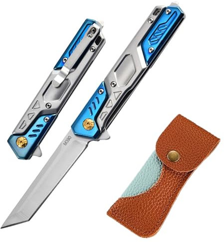 Outdoor Taschenmesser Klappmesser mit M390 Stahl,EDC Survival Messer Taschenclip Glasbrecher Lederhülle,Ultraleicht 150g in Geschenkbox,Camping Wandern Jagdmesser für Männer Frau