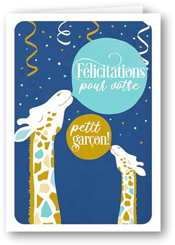 Editions Cely Carte FÉLICITATIONS NAISSANCE BÉBÉ - toucher Velours - dorures Or - gaufrage relief - enveloppe incluse - Format 12 x 17cm - papeterie premium (Garçon)