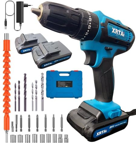 Trapano Avvitatore Percussione a Batteria 21V - 2 Velocità / 42 NM Cordless Portatile Mandrino 10 mm con 2 Batterie Potenti 21V - Valigetta 25 Accessori Per Casa Progetto Fai da te