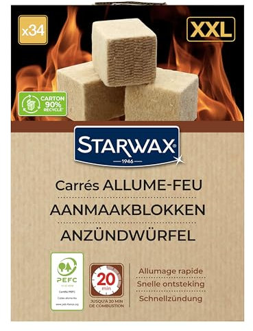 STARWAX - Cubos encendedores - hasta 20 min de combustión - Encendido rápido - No altera el Sabor de los Alimentos - Certificación PEFC - x34 Cubos