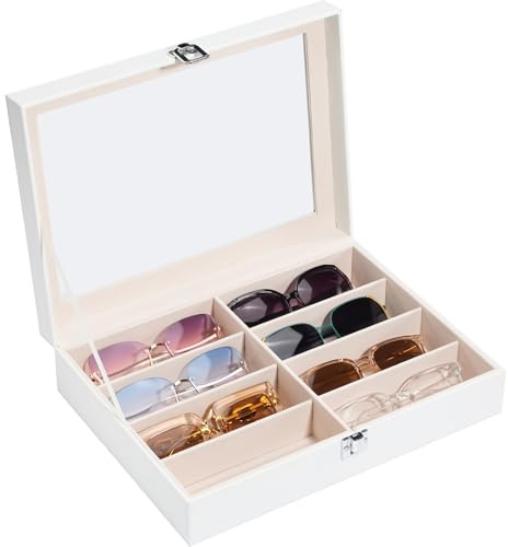 ProCase Porta Occhiali Multiplo 3 Strati, 8 Slots Organizer Occhiali da Sole in Pelle, Occhiali Espositore Scatola Portaocchiali Organizzatore Occhiali per Donna Uomo -Bianco