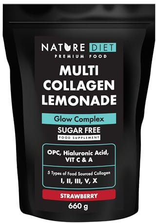 Nature Diet Multi Collagene Limonata | Fragola | 5 Tipi di Collagene | 660g | Fornitura di 60 Giorni | Senza Zucchero | Glow Complex con Acido Ialuronico, Vitamine C e A