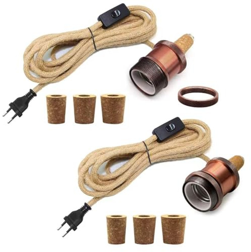 2PCS Kit Lampada Bottiglia, Portalampada E27 con Cavo di Canapa da 240CM, Supporto per Lampada Bottiglia, 3 Tappi Flessibili, Adattatore per Bottiglia per Portalampada, Può Fare da Paralume, Rosso