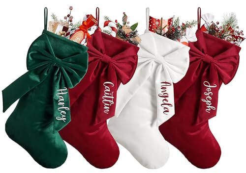 NIBESSER Personalized Velvet Christmas Stockings Custom Name Family Embroidered Christmas Stockings 18” Large Xmas Bow Stocking Rustic Farmhouse Fireplace Hanging Ornament Holiday Decor Gift (5 Pc)
