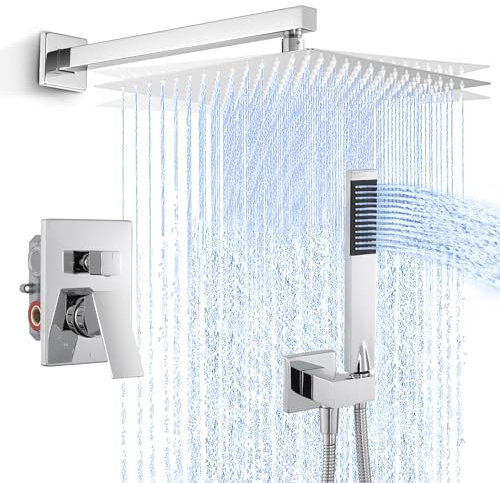 KES Sistema Doccia Nascosto 30,5 cm, Set Rubinetteria Doccia 3 Modalità con Soffione a Pioggia e Doccetta Portatile per Bagno, Include Corpo Valvola da Incasso, Quadrato Cromato Lucido a Parete