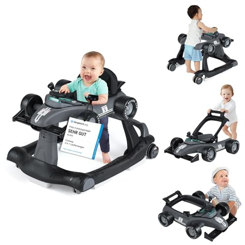 COSTWAY 4-i-1-lära-gå-vagn bilformad med musik & ljus, mörkgrå | Vikbar gåvagn med justerbar höjd och hastighet, baby walker med hjul, promenadfri baby från 6 månader