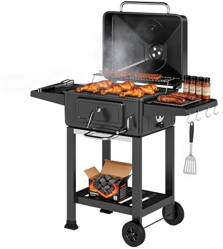 Outsunny Barbecue Charbon de Bois XXL 112cm, Couvercle Fumoir à 600°C, Noir | Thermomètre, Chariot Grill de Jardin, Bac à Charbon, Évents Ajustables, Porte de Ravitaillement