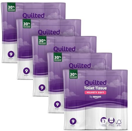 by Amazon Toilet Roll, 3-ply Quilted, Velvety Soft, 45 Rolls (5 Packs of 9), 200 Sheets per Roll, FSC Certified