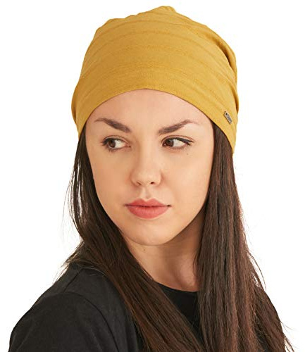 CHARM Leichte Sommer Mütze für Damen - Herren Slouchy Mütze Stretchy Slouch Strickmütze aus 100% Baumwolle Chemo Hut Mustard M