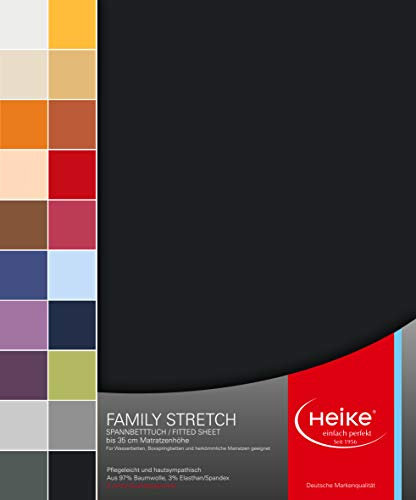 Heike Spannbettlaken Jersey Family Stretch 97% Mako-Baumwolle 3% Elastan Deutsche Markenqualität 230 gr/m2 bis 35 cm Höhe für Wasserbetten Boxspringbetten und herkömmliche Matratzen (Schwarz)
