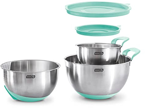 DASH Stainless Steel Mixing Bowls with Lids, Silicone Non-Slip Base with Measuring Lines and Strainer, 3 Bowl Set - 1.5 Quart, 3 Quart, & 5 Quart - Aqua