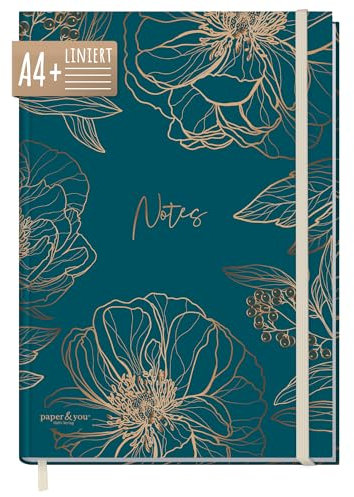 paper&you® Notizbuch liniert A4+ mit Gummiband Goldblüte 156 Seiten, 78 Blatt - liniertes Notebook, Bullet Journal, Skizzenbuch, Tagebuch - nachhaltig & klimafreundlich