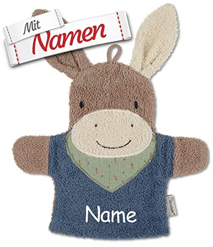 Sterntaler Esel Emmilius Kinder Spiel-Waschhandschuh mit Namen bestickt, Baby Kleinkind Waschlappen personalisiert, Jungen Waschtuch zum baden, Geschenk zur Geburt Taufe Ostern Nikolaus