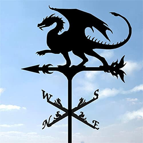 Kaefen Wetterhahn Gartendeko Wetterfahne Gartenpfahl Drache,Metall Eisen Kunstdekor Wetterhahn Dekorative Windfahne,Betreff Dach Deko,für Garten Rasen Dach Terrasse-Hof Ornament, Schwarz, 50x30cm