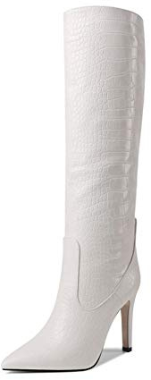 MiduoHu Bottes Femme, Bottes Au Genou Stiletto, Classic Bottes Hautes en Cuir Embossé À Talon Haut À Bout Pointu, Bottes pour Femmes À Manches Bottes de Mode (Color : Blanc, Size : 41EU)