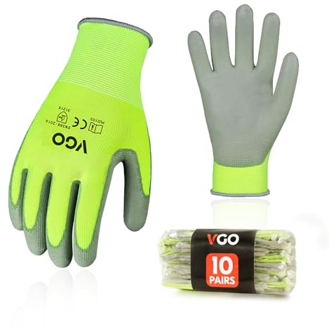Vgo... 10 paia Guanti da Lavoro Rivestiti in Nitrile, Guanti Spalmato in Poliuretano per Giardianggio Edilizia Montaggio Magazzino Bricolage(Taglia 8/M, 10 paia, Giallo)