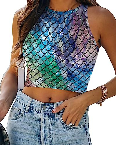 Women's Mermaid Print Crop Tank Tops Fish Scale 3D Printed Soft Summer Sleeveless Crop Top (Blue&Green)