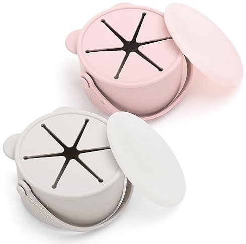 Orzbow Tasse à Collation Silicone, 2 Boîte Goûter Enfant avec Poignées et Couvercle, Passent au Lave-Vaisselle, Étanchéité à la Poussière et aux Déversements, Rose & Beige