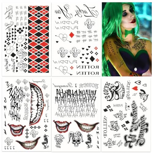 Harley Quinn Tattoo, Tattoos Joker, 5 Large Sheets Temporäre Tattoo Tticker, Kostüm für Halloween Party Cosplay Karneval Fasching Accessoires