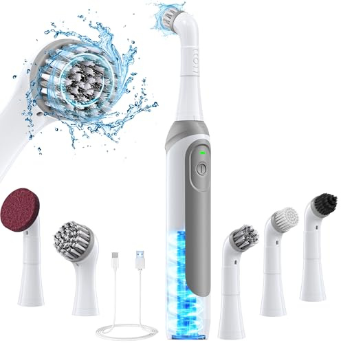 kHelfer Rechargeable Electric Grout Brush with Built-in Battery, Power Scrubber & IPX7 Waterproof, Cordless Electric Cleaning Brush & 5 Replacement Heads for Grout, Crevice, Kitchen, Bathroom