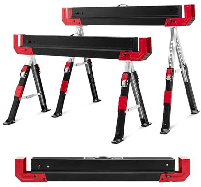 GOPLUS Lot de 2 Chevalets de Sciage Pliable, Chevalets de Sciage en Acier avec avec 9 Niveaux Hauteur Réglable, Poignées de Transport, Pied Antidérapant, Chage 1180kg pour Garage, Maison