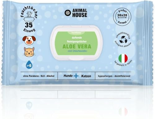 Animal House Salviette Profumate 35 PZ: Salviette Umidificate Ipoallergeniche e Biodegradabili per la Pulizia Quotidiana di Cani e Gatti (ALOE E CLOREXIDINA)